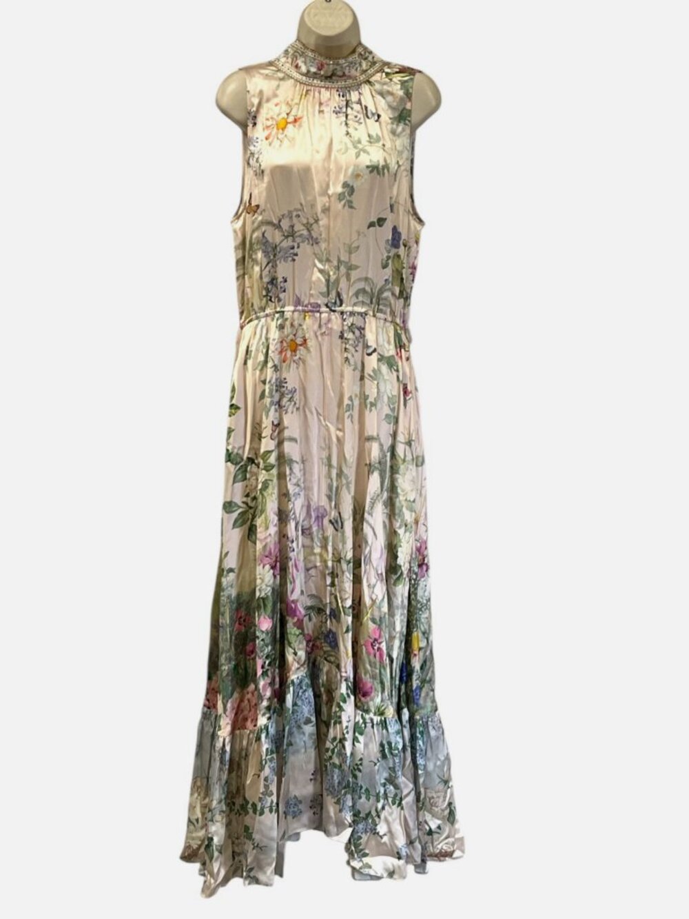 Camilla Women's Beige Floral Appliqué Silk Charmeuse Maxi Dress Size L